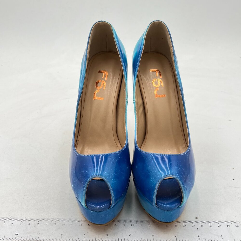 FSJ Blue Gorgeous Super High Heel Dress Shoe Multicolored Peep Toe Platform Pump - Picture 2 of 7